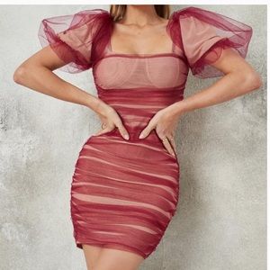 Missguided:Plum Puff Sleeve Ruched Mesh Mini Dress